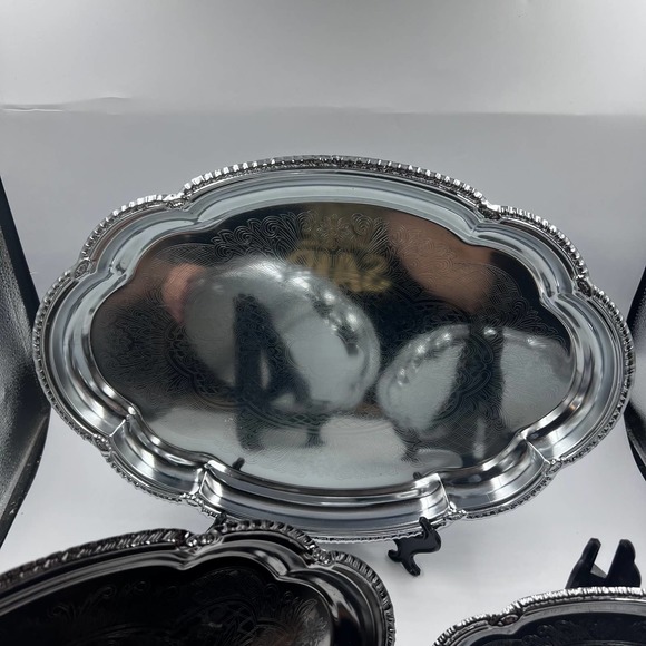 Vintage Set Three Silver Tone Trays Etched Decorative Stacking MidCentury - Picture 8 of 9